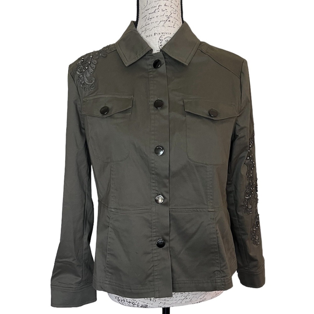 Chico's Army Green Button Up Embroidered Rhinestone Jacket 1 P Med‎ (8) Casual